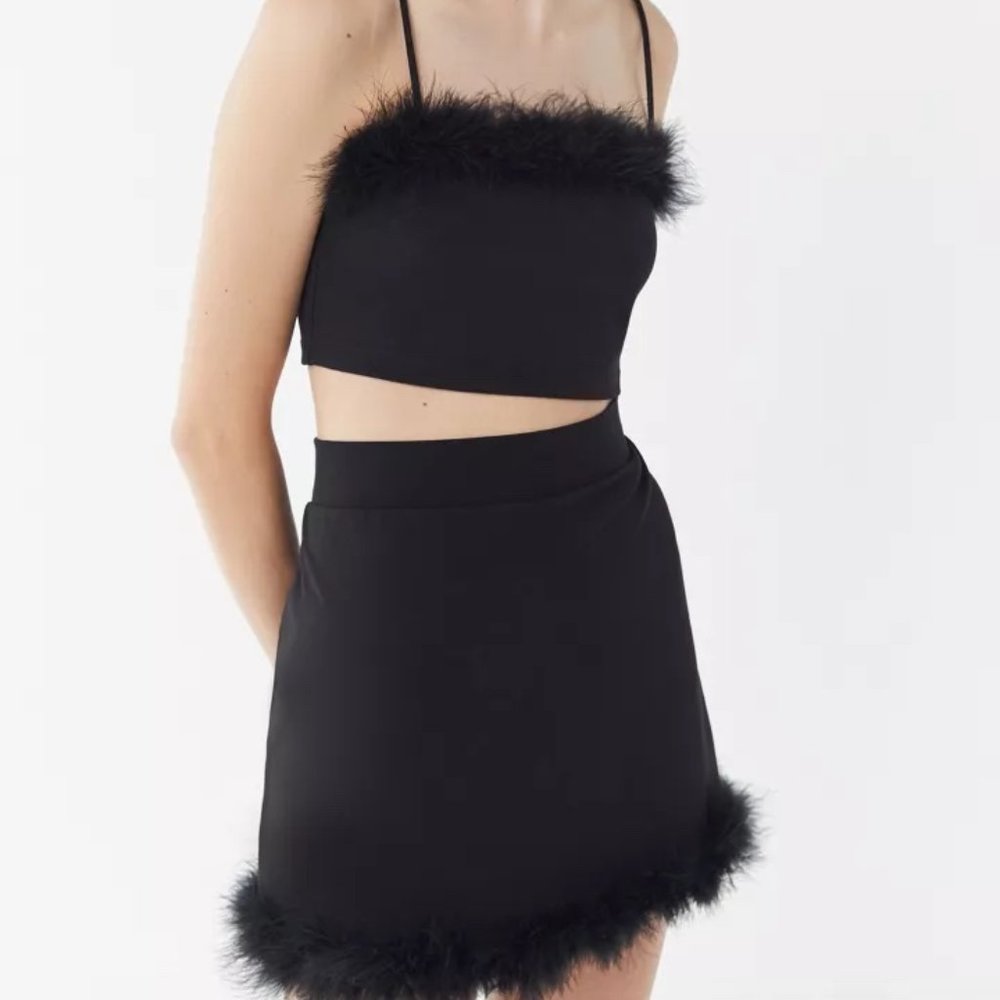 UO Time After Time Feather Trim Mini Skirt Set Black Size S